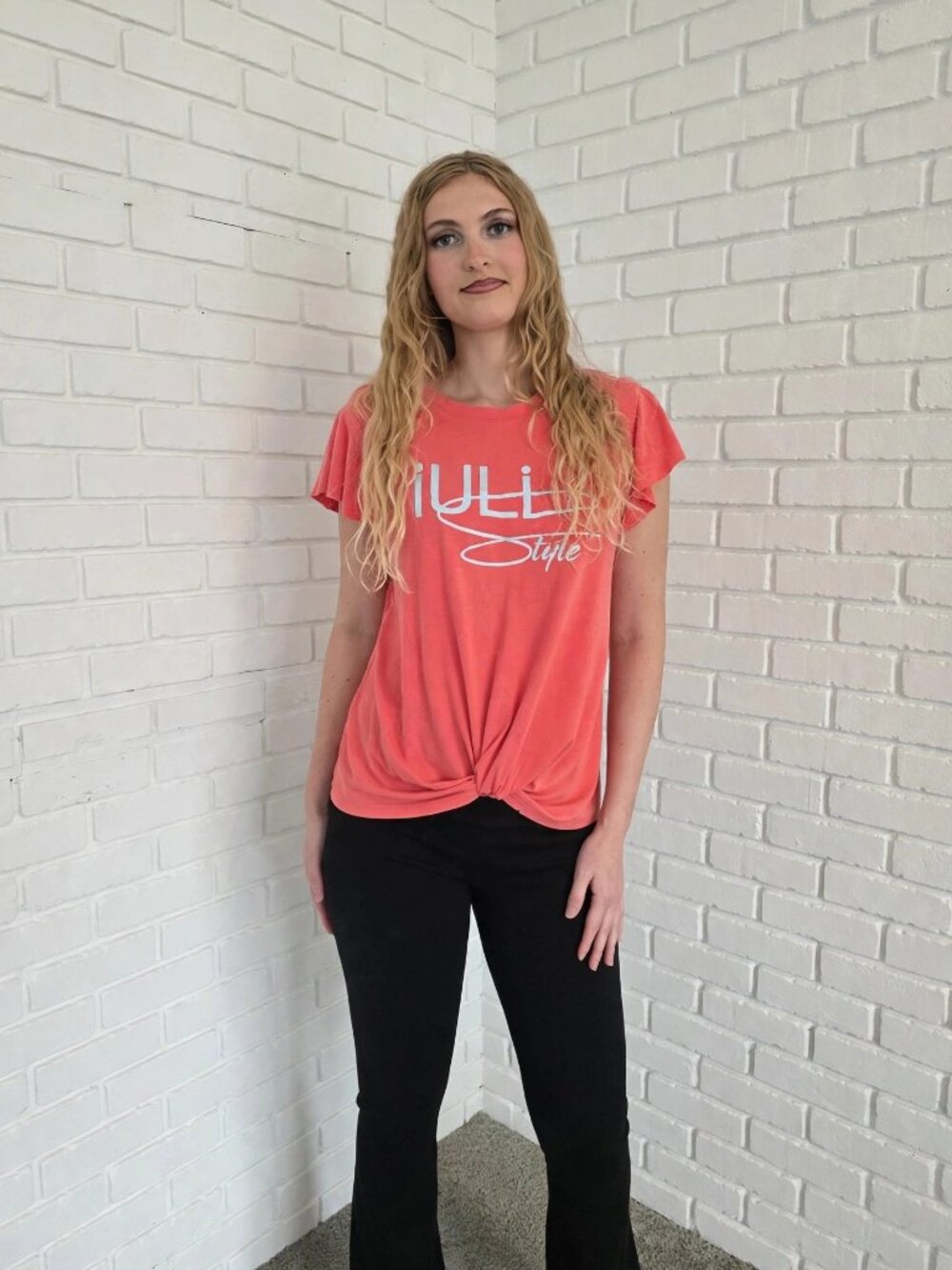 iULi Style Coral Twist Front Ruffle Sleeve T-Shirt Black Flare Pants Set